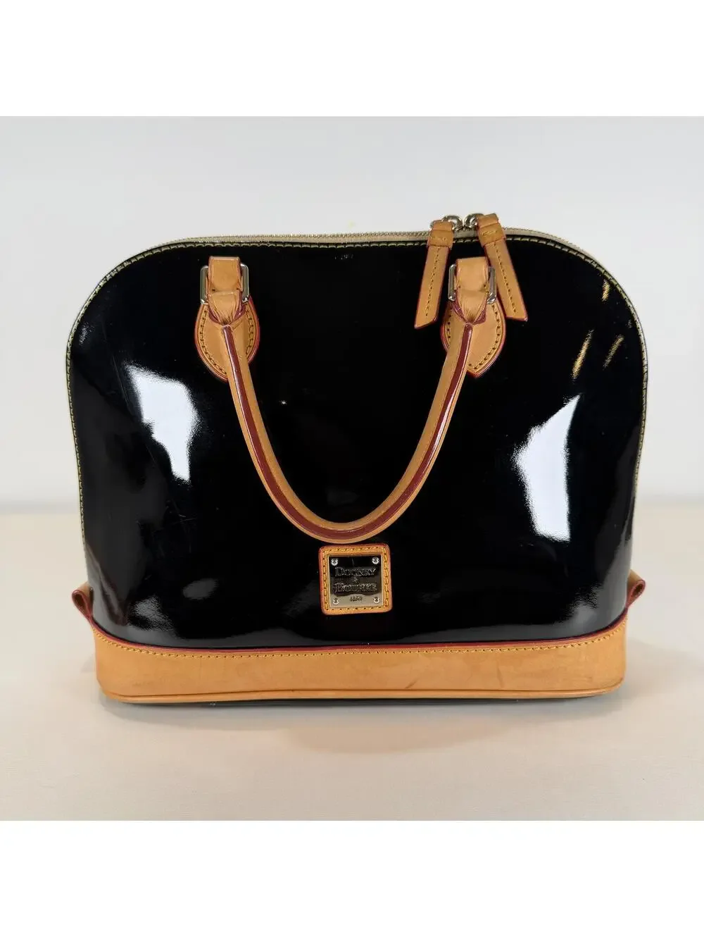 Dooney & Bourke Zip Satchel PV343 Black Patent Leather with Red Interior - Picture 1 of 9